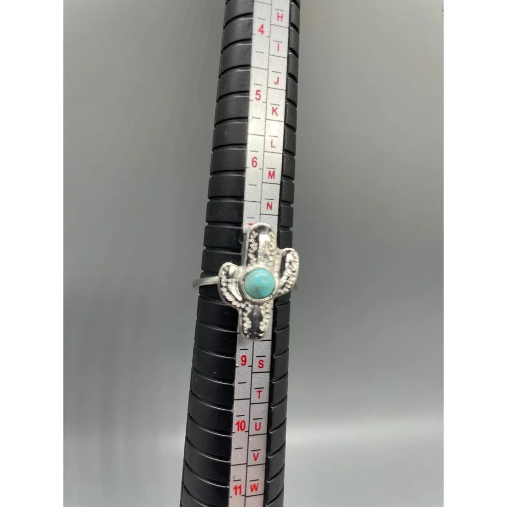 VTG Southwestern Silver Tone FAUX Turquoise Cactus Saguaro Statement Ring Sz 8.5
